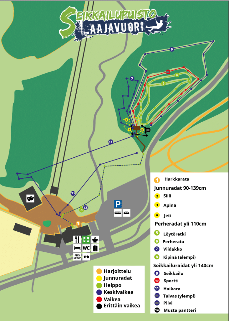 Seikkailupuisto Laajavuoren kartta näyttää kaikki radat ja alueet.
