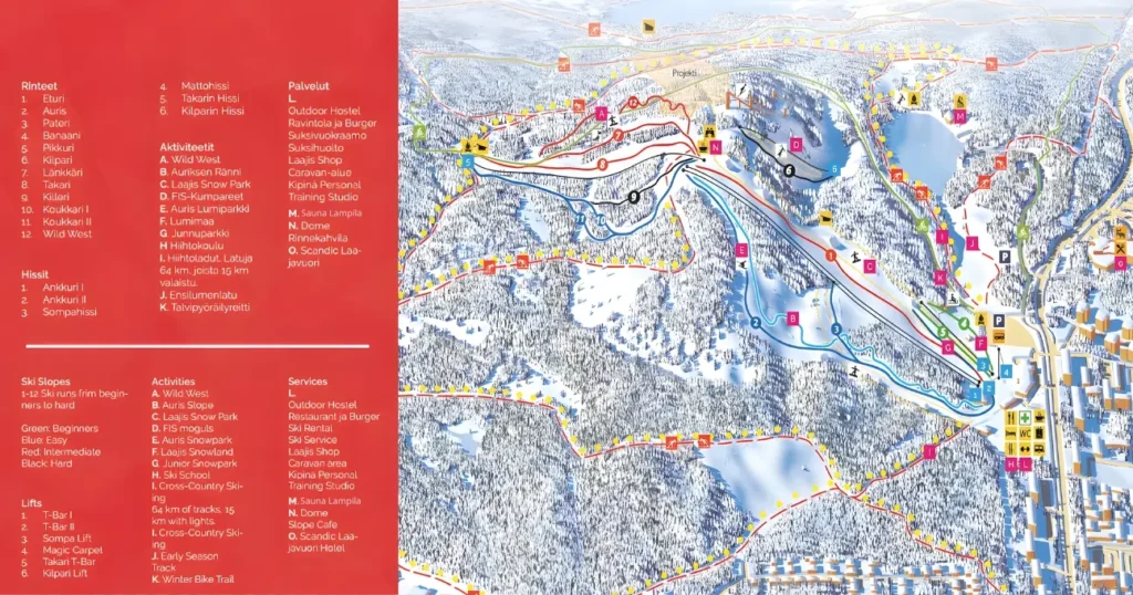 Laajiksen laskettelu rinteet rinnekartta: 12 rinnettä aloittelijoille ja edistyneille, 6 hissiä, lumetus ja snowparkit Jyväskylässä